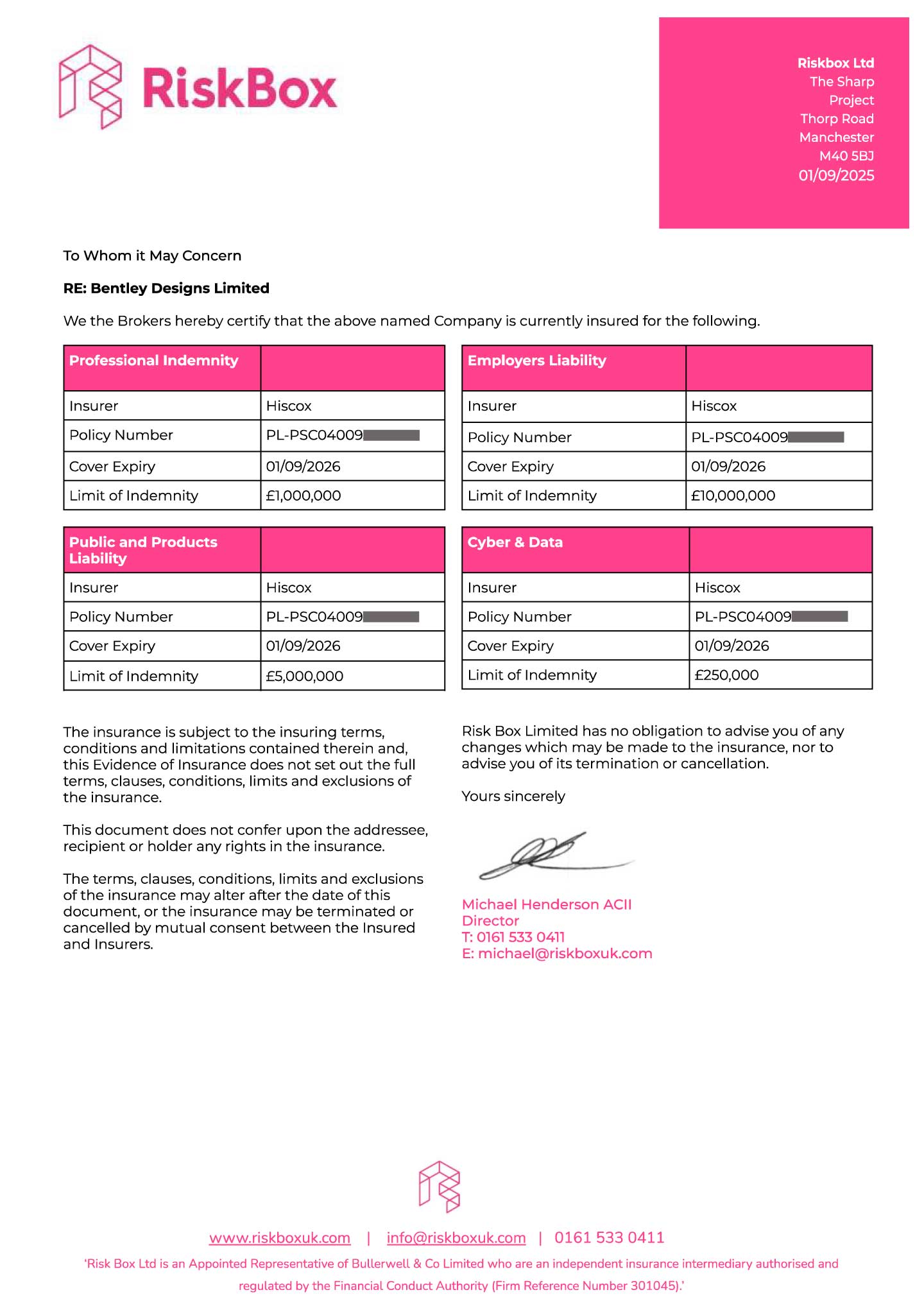 Insurance certificate 2026 from riskbox and hiscox